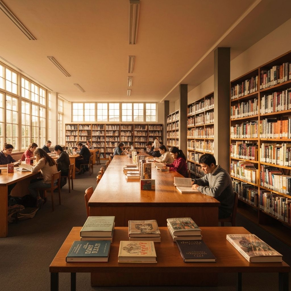 Napfényes, tágas olvasóterem fa asztalokkal és természetes fénnyel megvilágított könyvespolcokkal, ahol emberek csendesen olvasnak és tanulmányoznak különböző anyagokat, meleg és nyugodt légkör