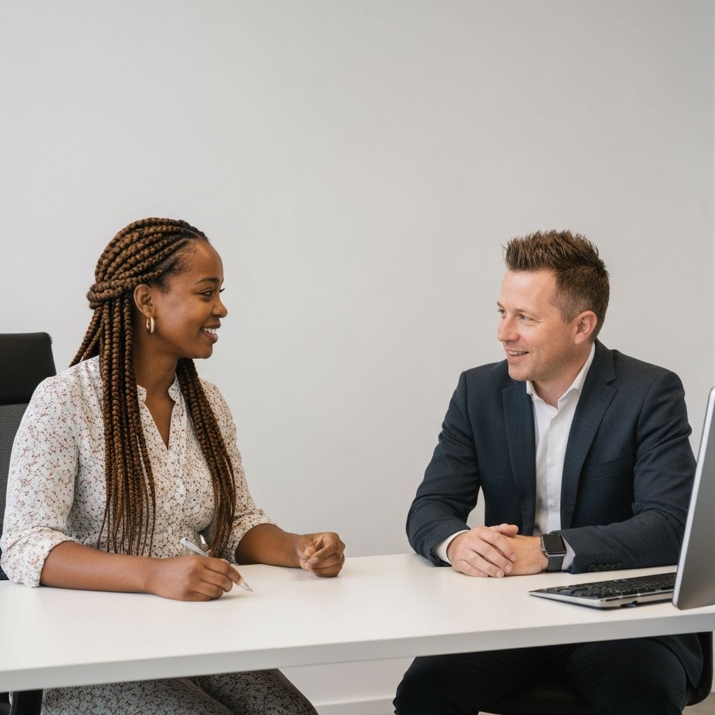 Két személy barátságos, semleges irodai környezetben egymás felé fordulva párbeszédet folytat, köztük egy asztal, a jelenet nyugodt és informatív hangulatot áraszt