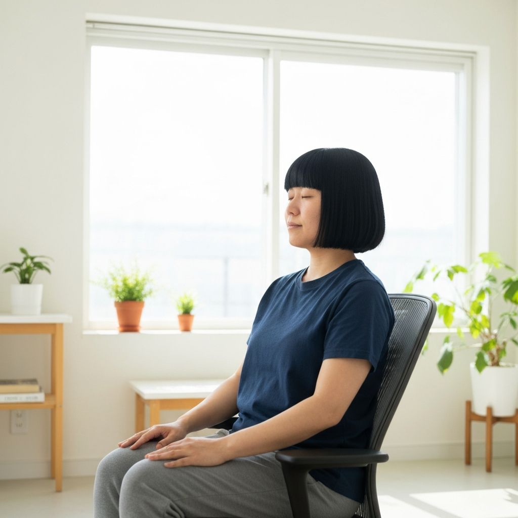 Személy kényelmes, egyenes tartással ülve lassan körkörösen mozgatja a szemét, arca ellazult, a szoba természetes fénnyel megvilágított, minimalista belső tér