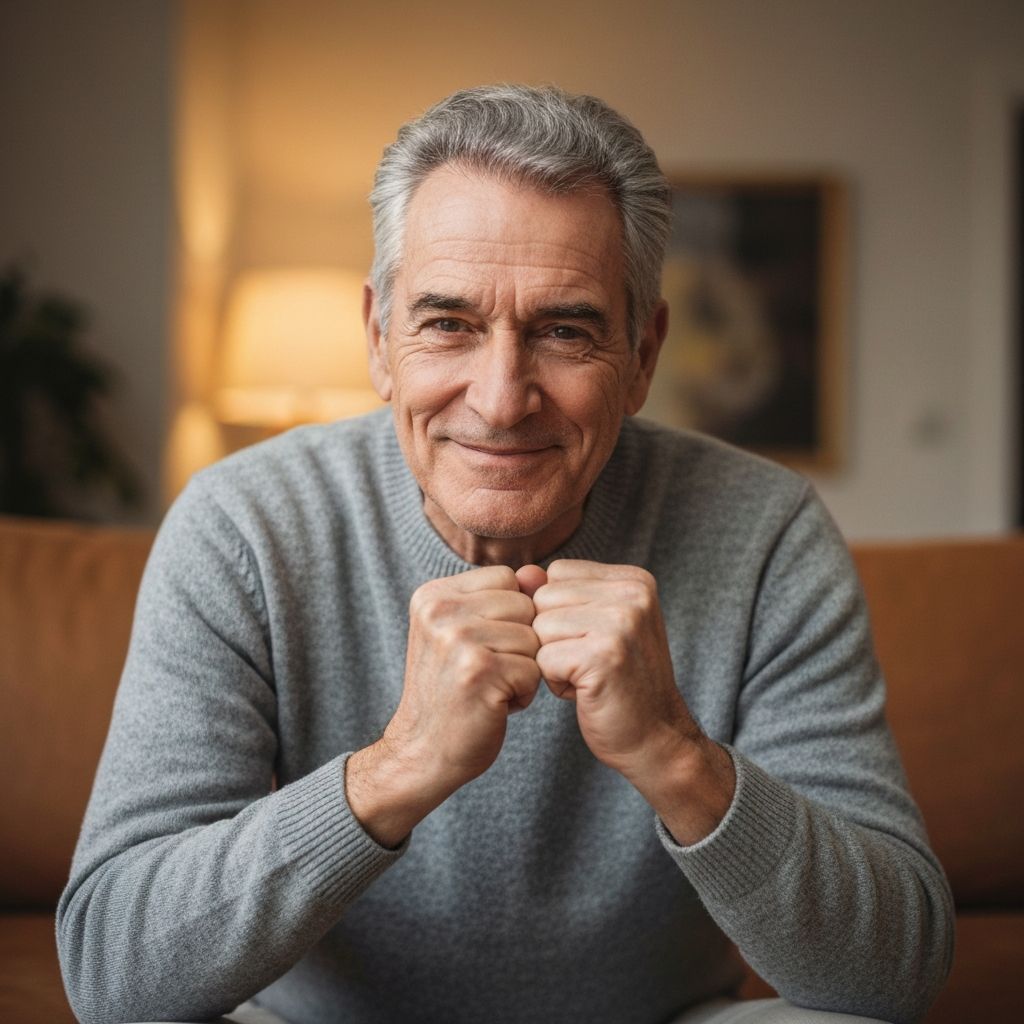 Személy kényelmes pozícióban ül, összehúzott tenyerét lazán a csukott szemére helyezi, arca nyugodt és ellazult, meleg tónusú szoba halvány fénnyel a háttérben