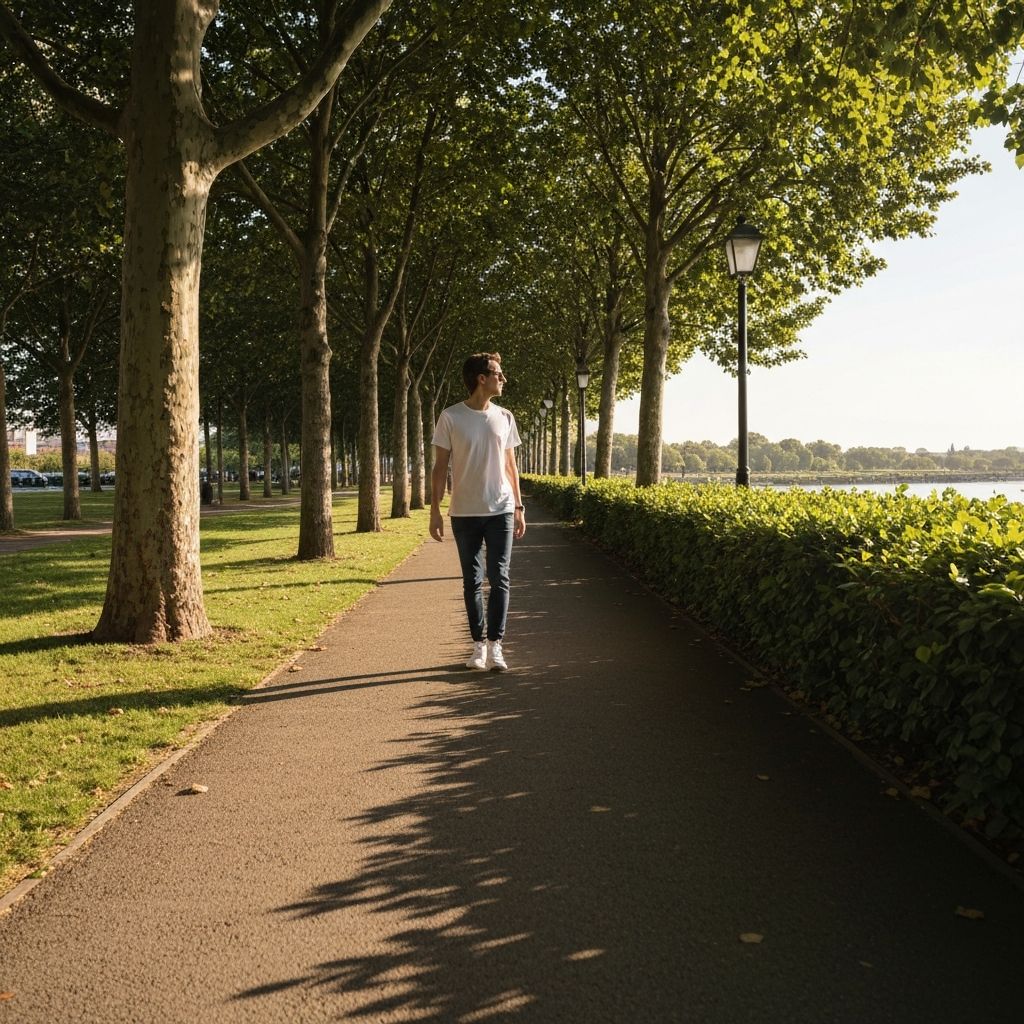 Napfényes, zöld fákkal övezett sétány, ahol egy személy laza, nyugodt tempóban sétál, tekintete a távolba irányul, a jelenet természetességet és szabadságot sugall